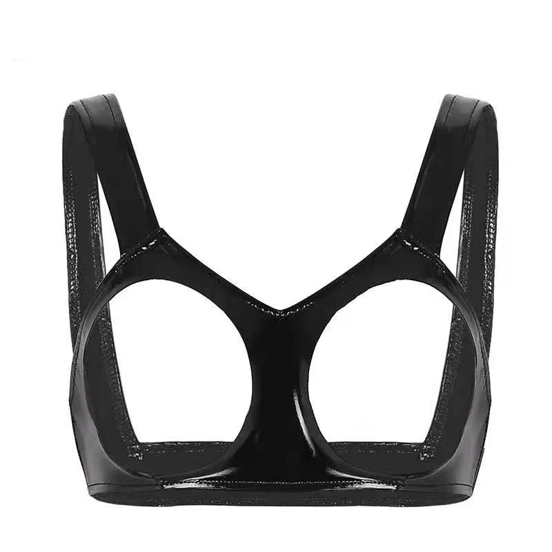 

Women Sexy Glossy Leather Bra Hollow Out Erotic Breast Exposing Ladies Open Cup Latex Bra Shiny Wetlook Patent Leather Tops Sexi