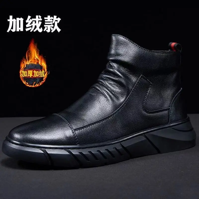 Men Snow Boots Men TPR Durable Outsole Leather Shoes New Fashion Short Plush Warm Fur Winter Boots Men's