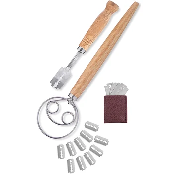 

ProfessionalBread Lame and Danish Whisk Set - Premium Pack Stainless Steel Bread Scoring Tool with Leather Protective Cover 10 R