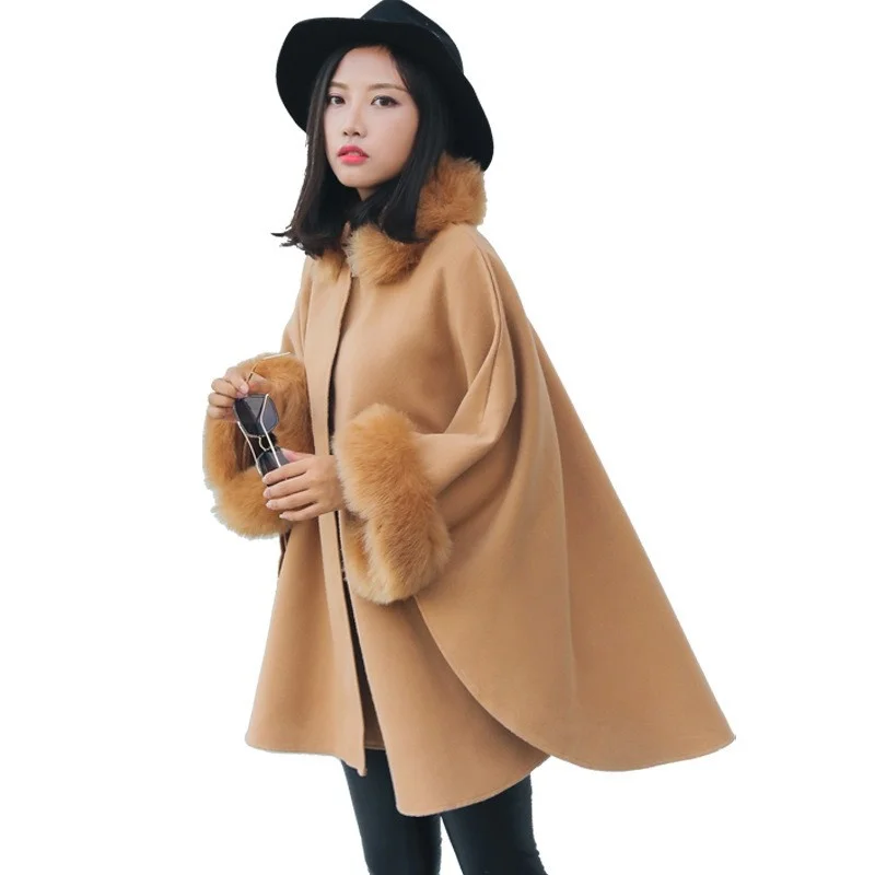 

Women Fashion Fur Collar Woolen Coat Cloak Elegant Ladies Batwing Sleeve Loose Fit Cape Woolen Blends Coat Outerwear Solid Color