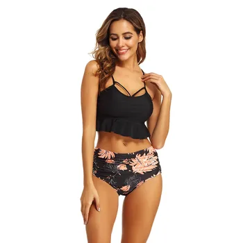 

Bikini 2020 mujer Floral Print Ruffled Hem Bikini Set Flora Falbala High-waisted Two Piece Swimsuit Beach Bathing Suit Biquini