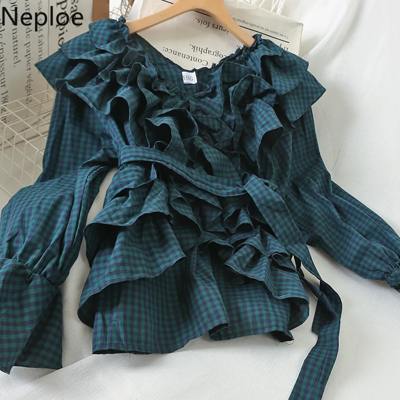 Neploe, Ретро стиль, элегантная клетчатая блузка с оборками, v-образный вырез, расклешенная, длинный рукав, Blusas, осень-весна, новинка, тонкая талия, пояс, рубашка, 48554