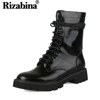 

RIZABINA Ladies Genuine Leather Zipper Flats Ankle Boots Lace Up Winter Outdoor Motorcycle Boots Platform Footwear Size 34-40