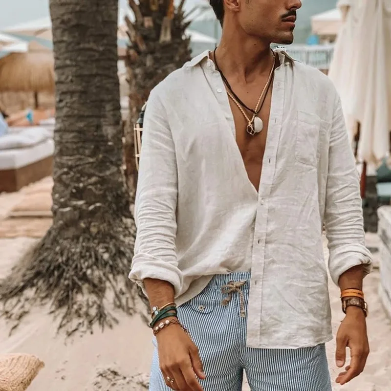 Summer Men's Muslim Shirts Baggy Cotton Linen Solid Long Sleeve Black White Blue Button Retro For Male Shirt Top M-3xl | Мужская