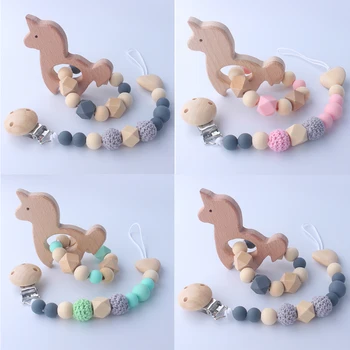 

Baby Silicone Pacifier Clips Chain Wooden Baby Teether Set Children Pacifier Clips Teether Teething Toys Cartoon Wooden Bracket