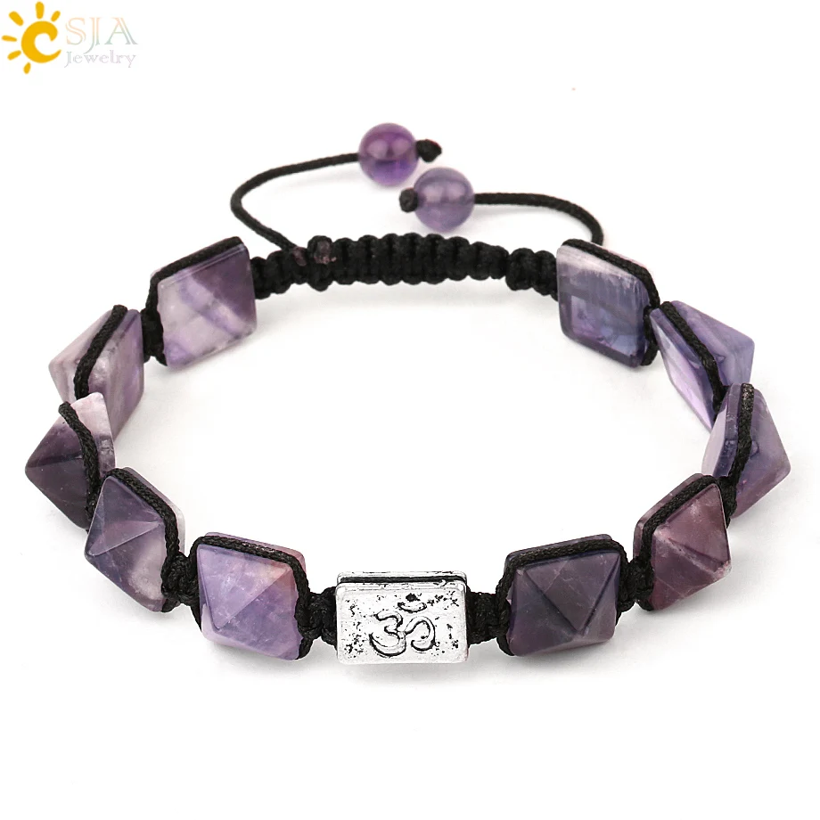 Amethyst Csja Пирамида натуральный камень плетеный браслет кристалл Йога 3D AUM символ Регулируемый ручной работы Плетение веревки браслеты для женщин мужчин G223 - Окраска металла: Amethyst