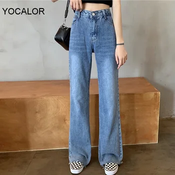 

yocalor 2020 Women Spring Summer Jeans High Waist Casual Trousers Straight Denim Streetwear Wide Leg Long Pants J5204