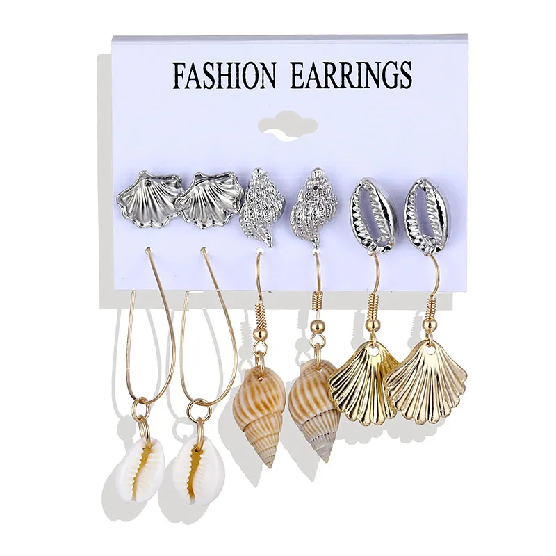 VKME fashion shell earrings set ladies bohemian flowers long tassel earrings 6 pairs / set ladies Brincos Beach Jewelry - Окраска металла: ZL0000624-4