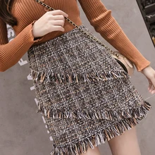 Осень-зима, модная Клетчатая Шерстяная Асимметричная бахрома, а-силуэт, женская тонкая кисточка, прямая, высокая талия, горячая Распродажа юбок