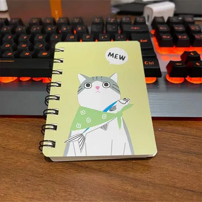 80Page A7 Korea Cartoon Anime Coil Notebook Small Notepad Animal Rollover Office School Learn Supplies Mini Kawaii Diary Journal 1602 cat Yellow
