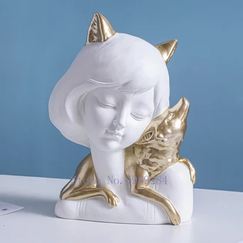

Creativity Resin Abstract Character Sculpture Girl Fox Golden Simulation Animal Modern Home Decoration Miniature Figurines