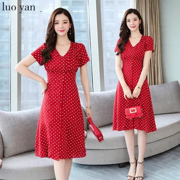 

Summer Vintage Chiffon V-neck Sexy Midi Shirt Dress 2020 Korean Women Elegant Dot Bodycon Boho Beach Sundress Party Red Vestidos