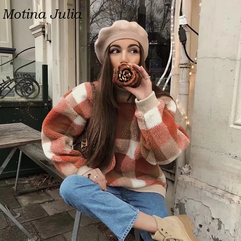 Motina Julia осень зима клетчатые толстовки из овечьей шерсти пуловер Повседневная Свободная уличная толстовка с круглым вырезом верхняя одежда
