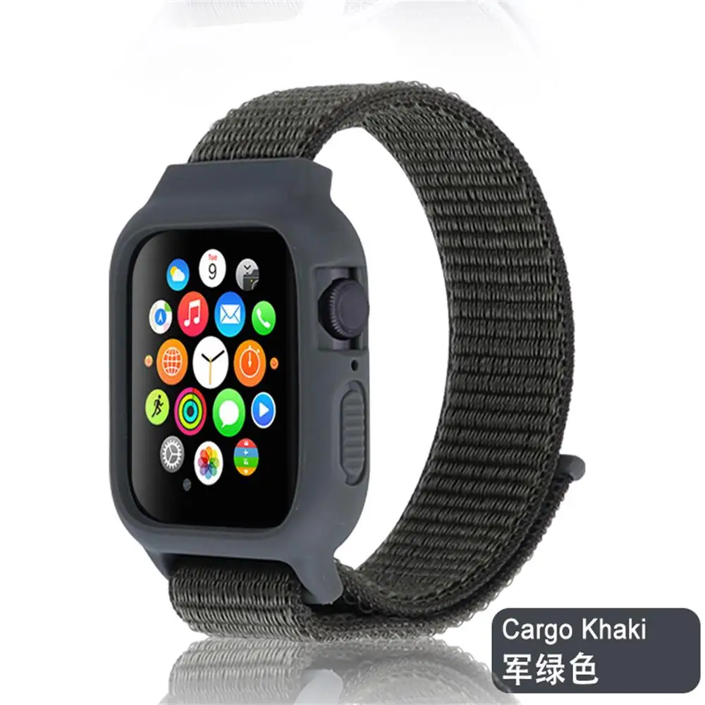 cargo khaki Чехол+ ремешок для часов apple watch band iwatch 5 4 3 pulseira correa apple watch 42 мм 44 мм 38 мм 40 мм нейлоновый браслет+ силиконовый чехол - Цвет ремешка: cargo khaki