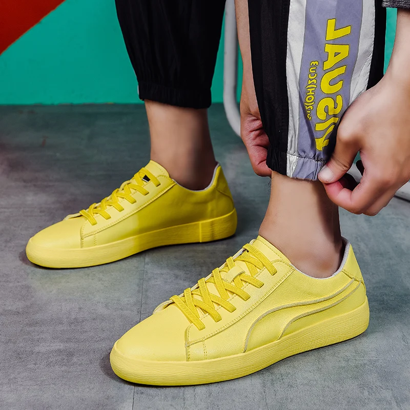 

Super Cool Men Youth Casual Shoes Yellow White Luxury Brand Man Shoes Lace Up Flats Sneakers Designer Platform Shoes For Men