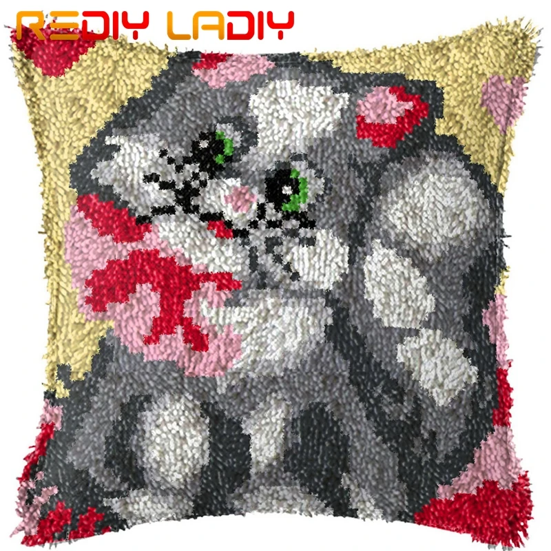 Latch Hook Cushion Miss Kitten Pillow Case Pre-Printed Color Canvas Acrylic Yarn Latched Kits Crochet Cover | Дом и сад
