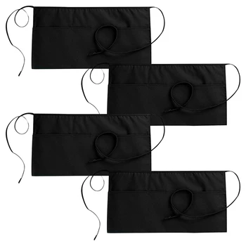 

4-Piece Server Apron with 3 Pockets Waiter Waist Apron Black Short Apron Kitchen Restaurant Tavern Half Apron Unisex