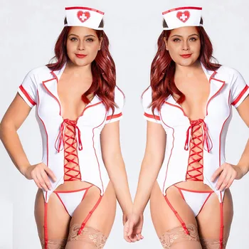 

Sexy Costume Women Sexy Lingerie Bodysuit Bandage Uniform Underwear Valentine's Day Hat + Garter + Thong Set Ladies Sleepwear 20