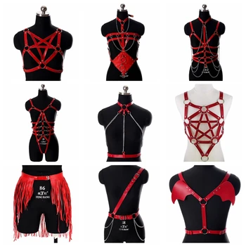 

Red Leather Harness Bra Belt Top Cage Pentagram Gothic Punk Suspender Bondage Waist Lingerie Adjust Skirt Carnivals Dance Rave