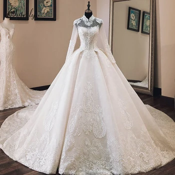 

Optcely Luxury Chinese Style Long Sleeve See-through White Ball Gown Wedding Dress 2019 Appliques Beaded Cathedral Train Ruffle
