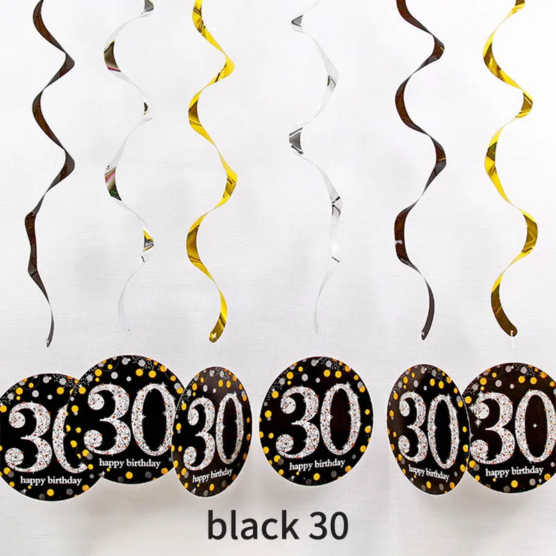 black 30 6 шт. вечерние украшения для дня рождения спиральный подвесной кулон 18 21 30 40 50 60 70 лет ПВХ - Color: black 30