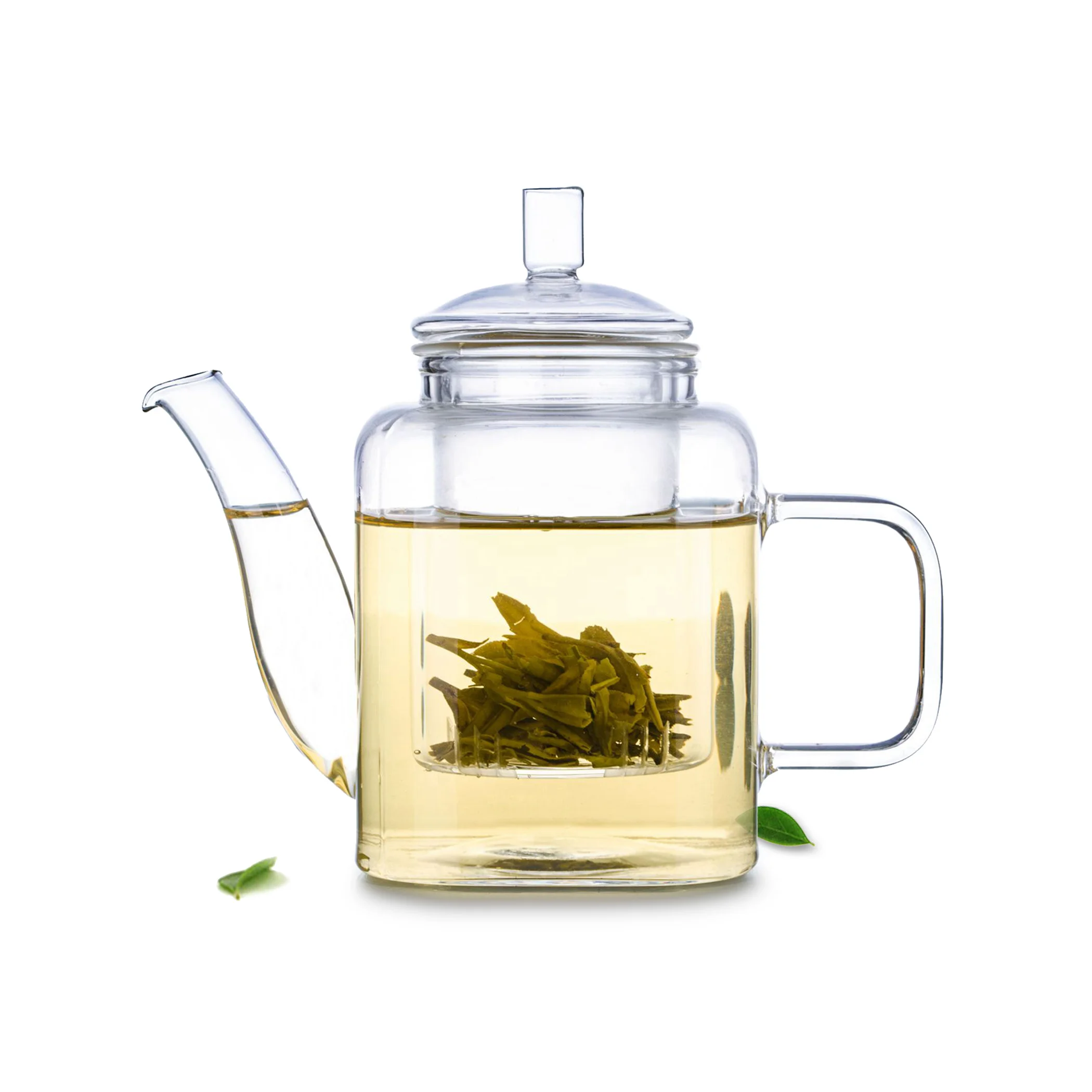 1x Heat Resistant Clear Glass Tea Set -375ml Square Shaped Glass Teapot +4x Hexagon Double Wall Cups 40ml