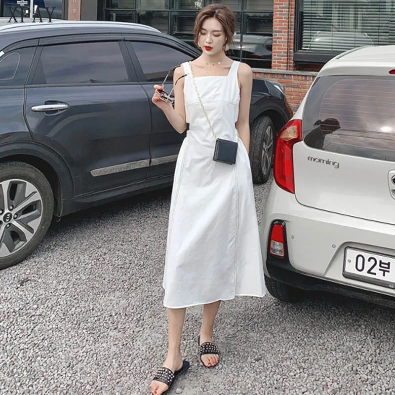 

Summer Korean Fluffy Dress Women 2020 Vintage Casual Loose Mid-Calf Dress Elegant Sleeveless Big Swing Dress Female Strap Dress