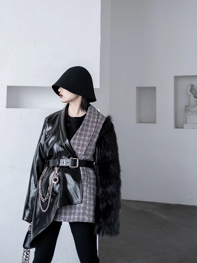 

Autumn Winter woolen stitching Leather Jacket Female motorcycle stitching fur sleeves boyfriend style stitching Leather Jacket