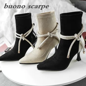 

New spring and autumn lace-up stiletto pointed high-heeled Roman bow elastic Chelsea women's boots