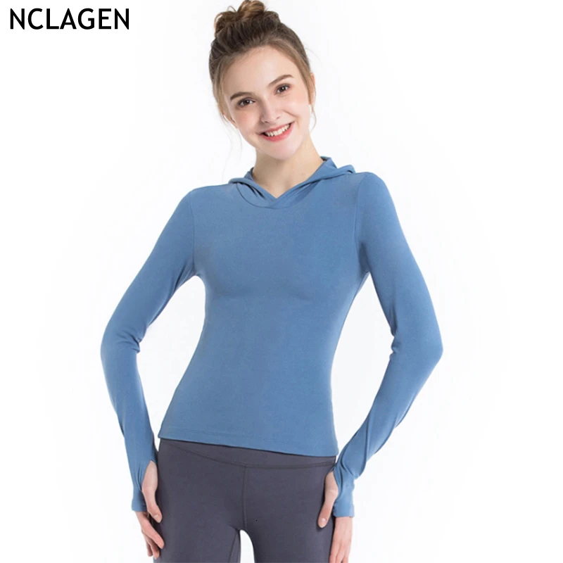 NCLAGEN женская рубашка для йоги с капюшоном длинным рукавом Двусторонняя