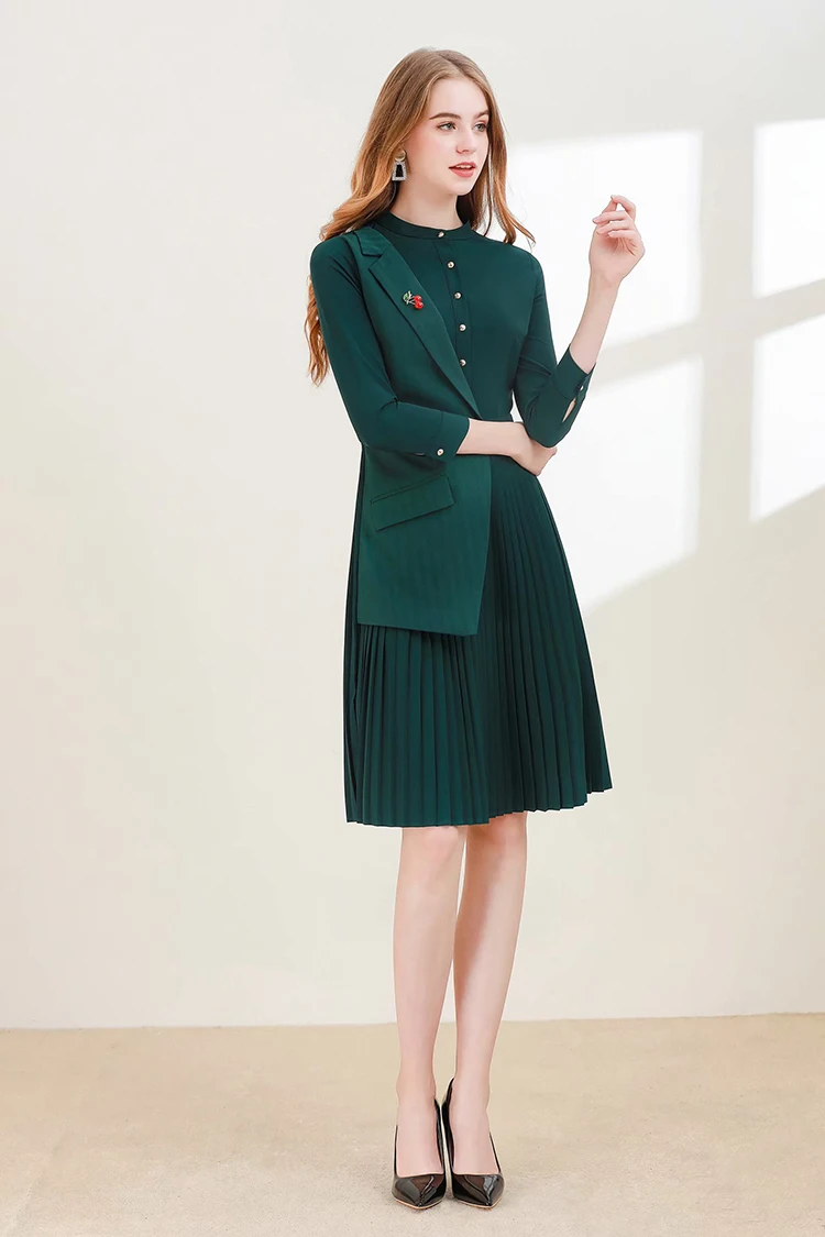 SEQINYY Dark Green Dress Summer Spring New Fashion Design Women 3/4 Sleeve Pleated Cherry Brooch Office Lady Dress