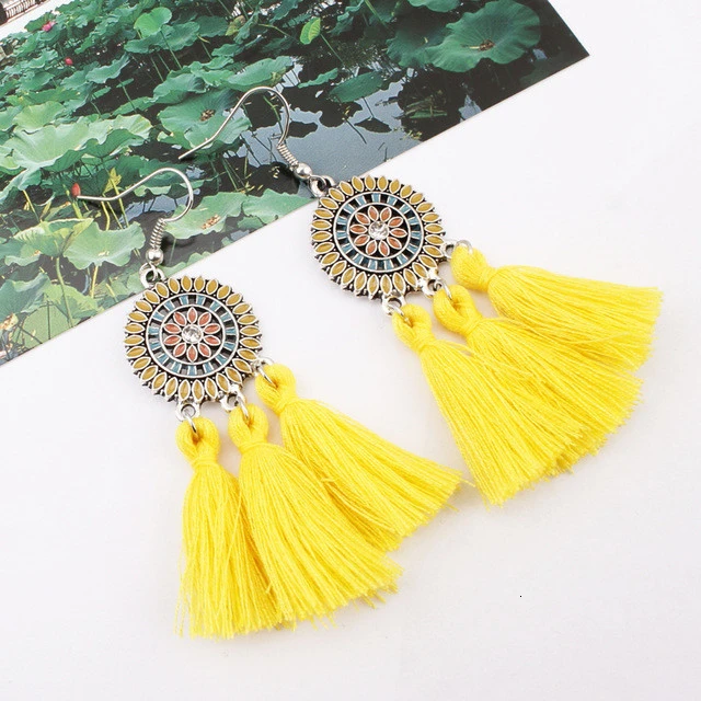 Этнические богемные висячие серьги с кисточками для женщин летние круглые смолы модное украшение в индийском стиле Pendientes Oorbellen Boho - Окраска металла: yellow