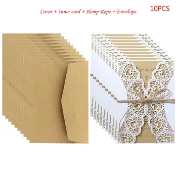 

2020 New 10Pcs/Set Rustic Laser Cut Invitations Cards Lace Burlap Tie Invite Envelopes Kit For Engagement Bridal Baby JUL3
