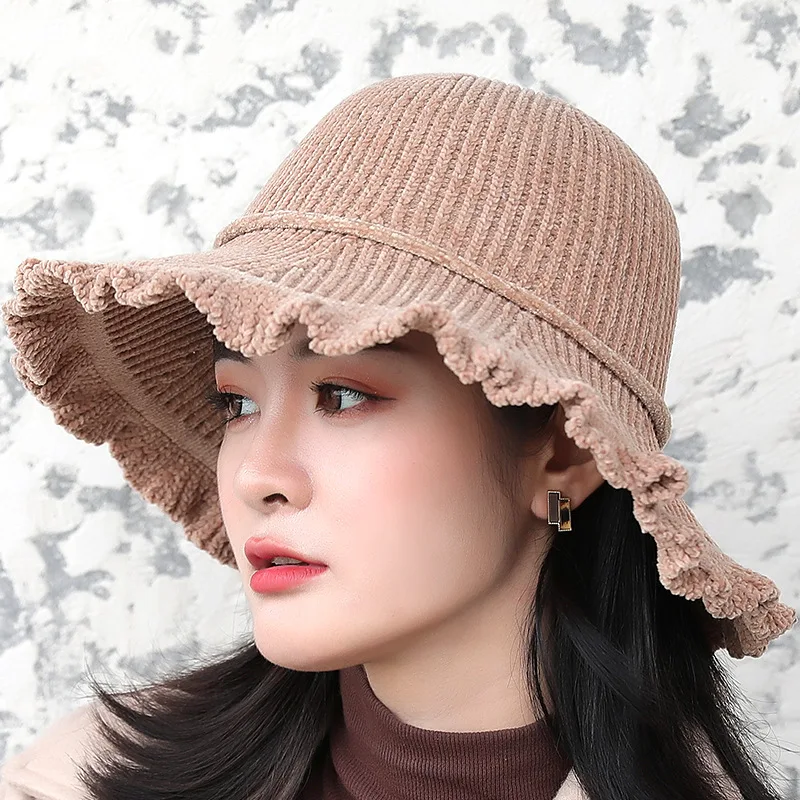 Pure color chenille bucket hat 2109 new female Wild Joker Sunshade basin hat with big brim retro hat autumn/winter hat for women