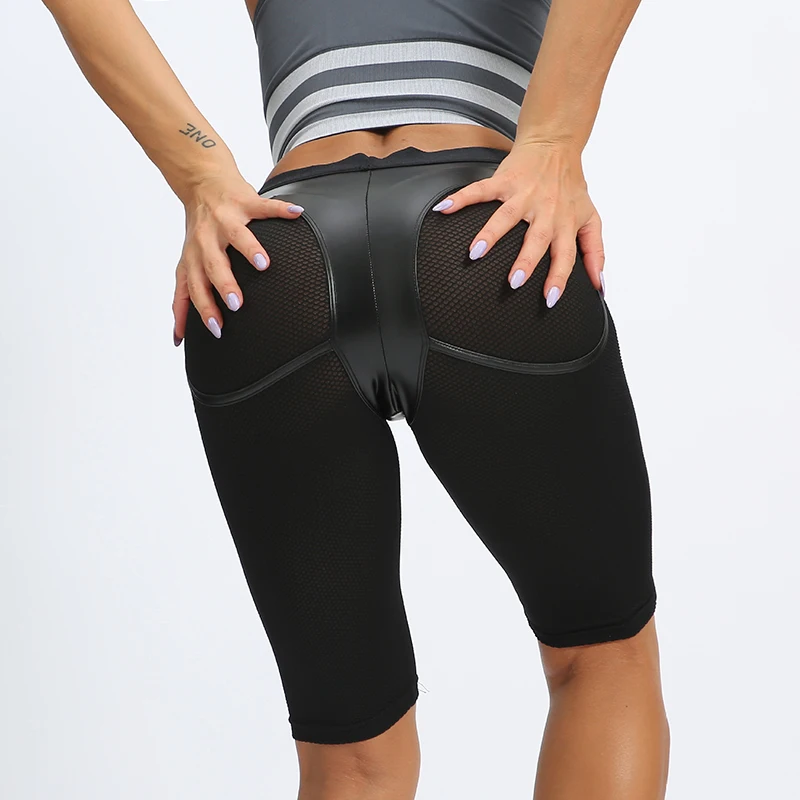 NORMOV сексуальные кожаные шорты для йоги с высокой талией пуш-ап Твердые беговые Спортивная одежда для фитнеса спортивные шорты черные сетчатые обтягивающие спортивные шорты
