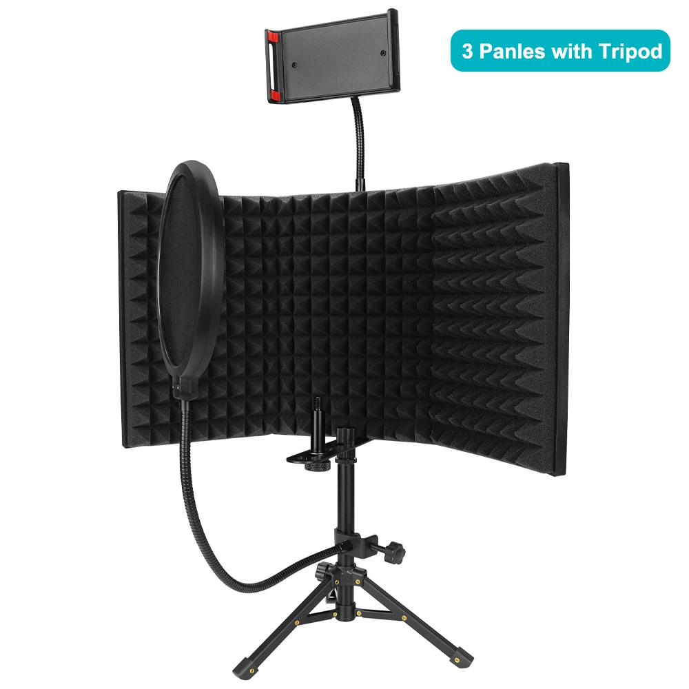 Microphone Isolation Shield with Tripod High Density Foam Wind Screen Foldable Isolation Cover for Microphone Recording bluetooth microphone Microphones