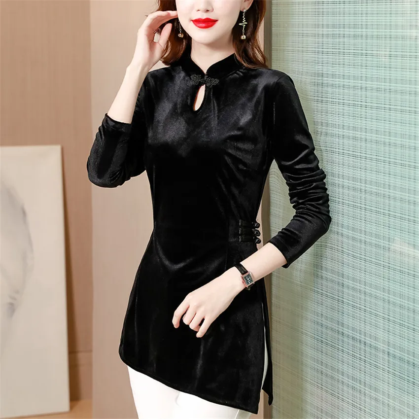 

Chinese Style Vintage Velvet Blouse Ladies Fashion Elegant Blouses Irregular Long Shirt Blusas Mujer De Moda 2021