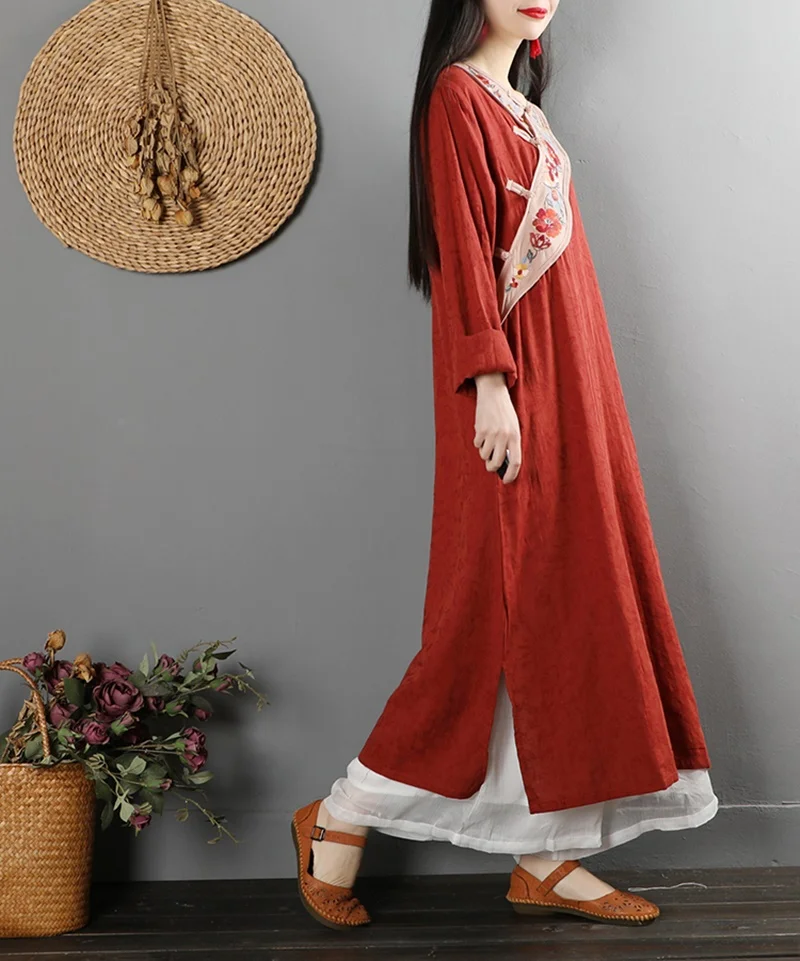 Retro Dress Stand Collar Long Sleeve Loose Casual Robe Vintage Femme Chinese Style Cheongsam Cotton Linen Women Dresses TA2092