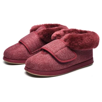 

Lady's warm wool upper True fur collar Edema shoes for swollen fat wide feet comfy&soft sole pregnant women doctors drivers
