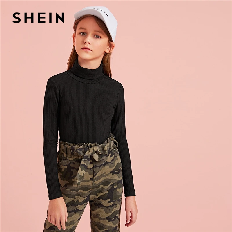 SHEIN Kids/однотонная трикотажная Повседневная футболка в рубчик с воротником-стойкой; детский топ; осень г.; приталенные базовые Детские футболки с длинными рукавами