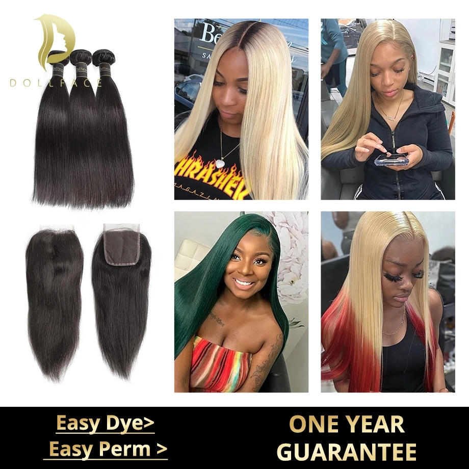 

Straight Brazilian Hair Weave 3 4 Bundles With Closure Raw Virgin Short Long Natural Afro Human Hair extensions vendors Dollface