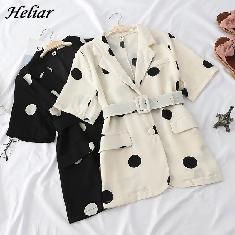 

HELIAR Suit Buttoned Up Coat With Sashes Summer Polka Dot OL COAT 2019 Korean Style Elegant Temperament Short Sleeve Work Coat