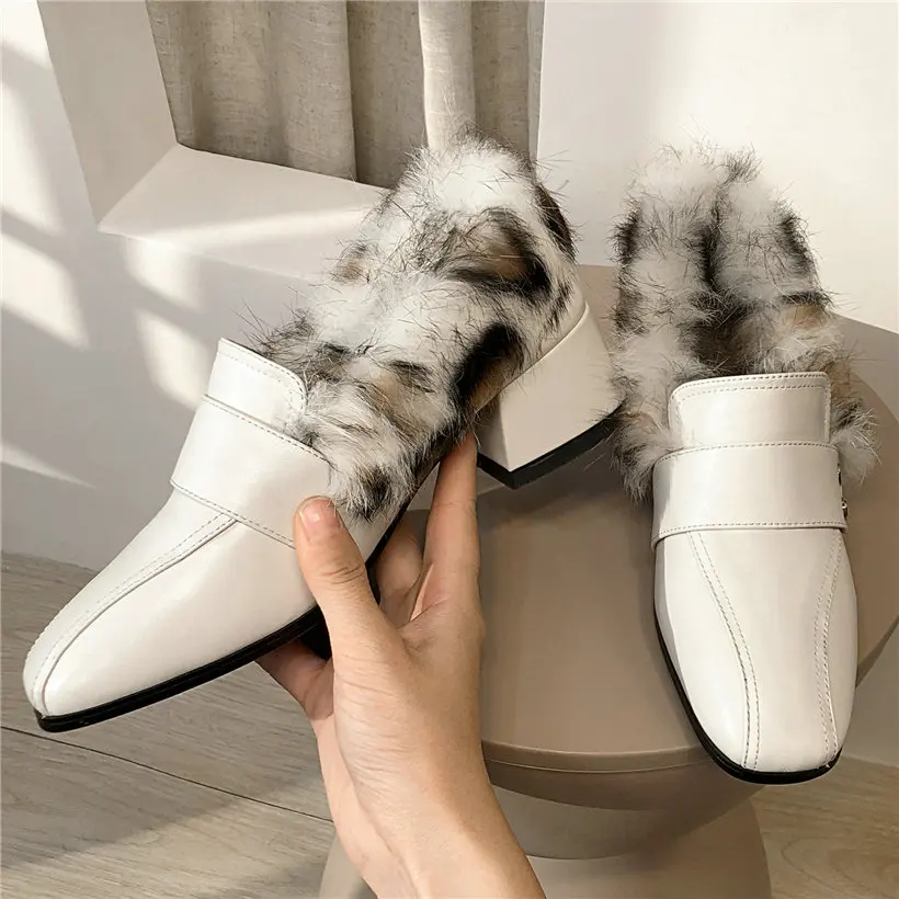 

Women Genuine Leather Med Heel Rabbit Fur Ankle Boots Low Top Round Toe Winter Party Pumps Shoes Casual Shoes Outdoor Booties