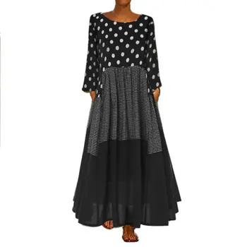 

Women 2019 Autumn Casual Baggy Polka Dot Plaid & Check Print Dress Round Neck Long Sleeve Maxi Dress Long Vestidos M6CD