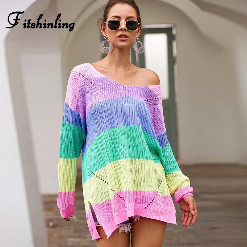 Fitshinling Rainbow Striped Long Sweater Femme Pull V Neck Slim Pullovers Autumn Winter Sleeve Sweaters Women Jumpers Sale | Женская