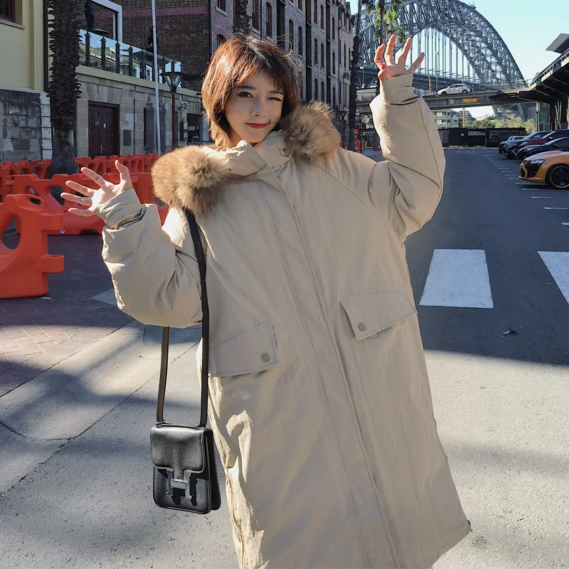 

2018 Winter New Style Large Fur Collar Hooded Cotton Coat Korean-style Loose-Fit BF Mid-length Thick over-the-Knee Coat Cotton-p