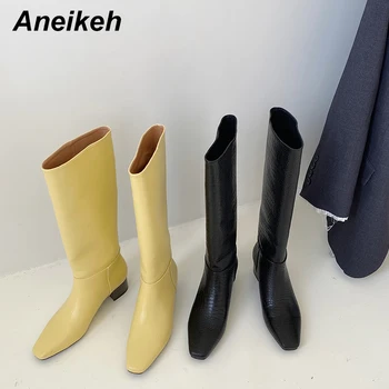

Aneikeh NEW 2020 Spring/Autumn Classics Alligator Pattern Patchwork Sewing Pleated Women's Knee-High Boots Rome Square Toe Shoes