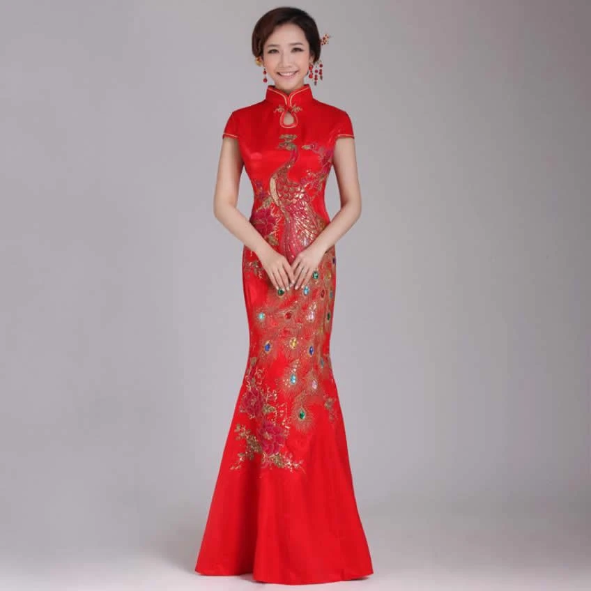 Cheongsam Bordado Rojo Vestido De Boda Tradicional Chino Miss Ceremonia Servir Largo Qipao Novia Sirena Vestidos De Estilo Oriental Qipaos Aliexpress