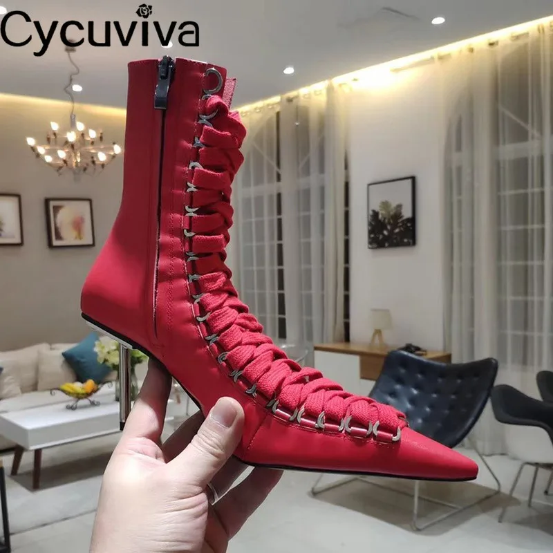 Novtly Botas cortas con tacón de Metal para mujer, botines de tacón alto  fino con punta puntiaguda, sexys, con cordones de pasarela de París,  zapatos de fiesta|Botas hasta el tobillo| - AliExpress