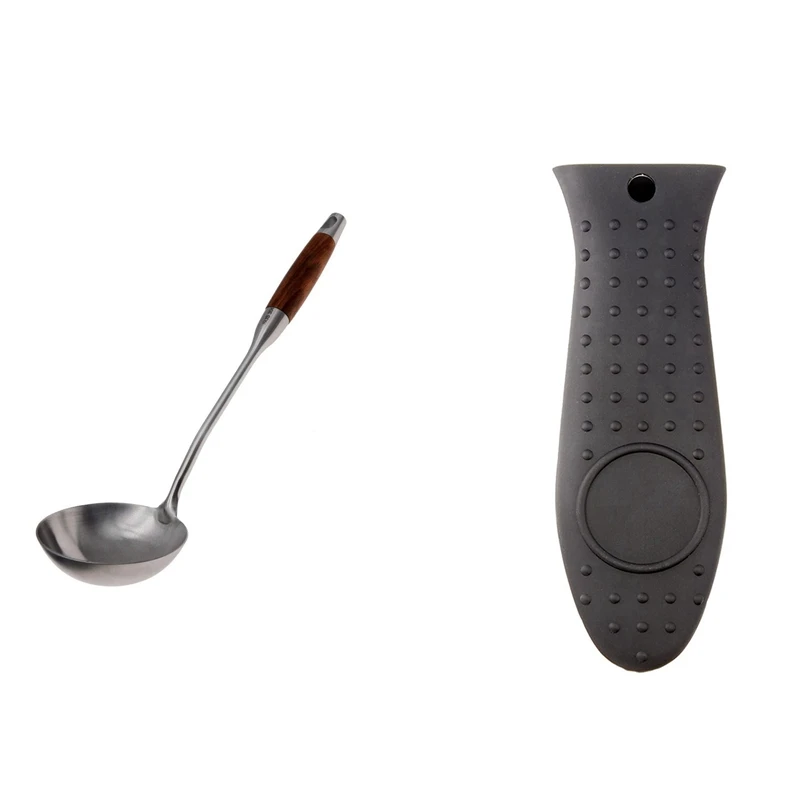 Long Soup Ladle 304 Stainless Steel Large Kitchen Spoon & Silicone Hot Skillet Handle Cover Holder Black | Дом и сад